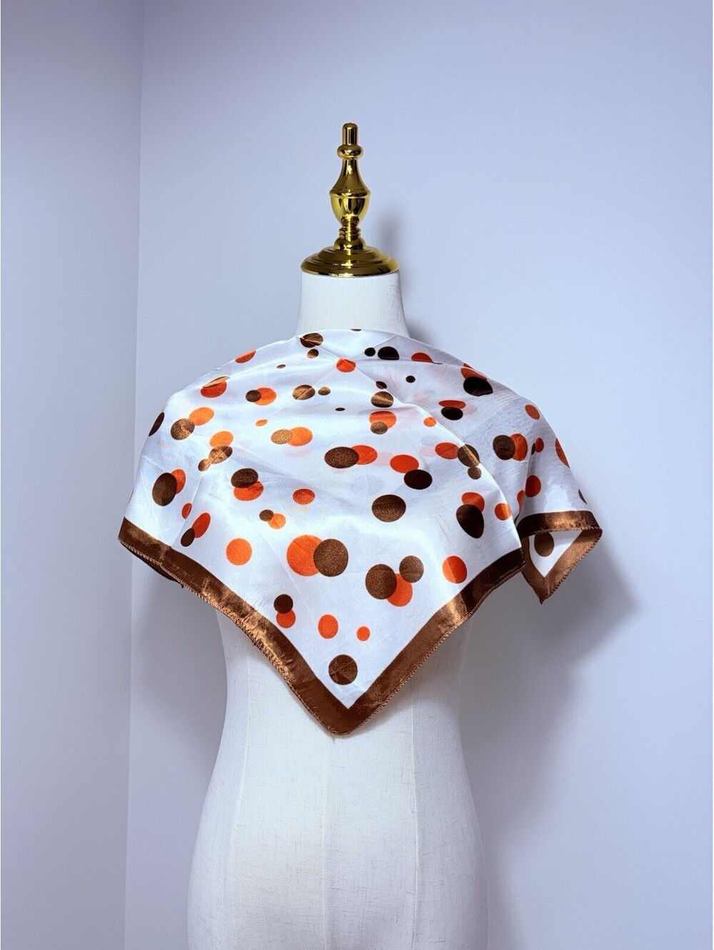 Women's Square Scarf White Satin Polyester Orange Brown Polka Dot Print Trim
